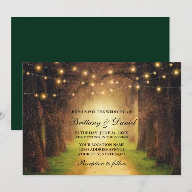 Invitation Chemin de la forêt rustique Lumières Mariage vert (Devant / Derrière)