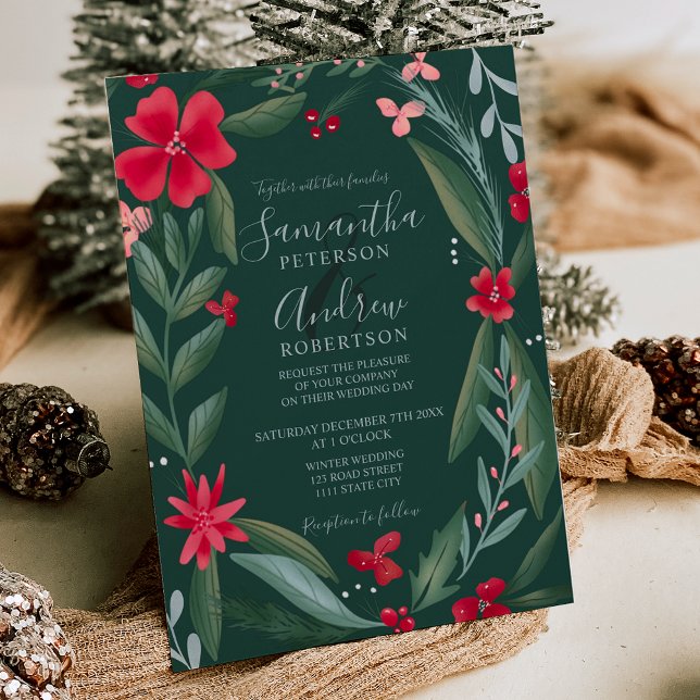 Invitation Chemise fleurie rouge motif mariage d'hiver (Red green floral wreath pattern winter wedding invitation)