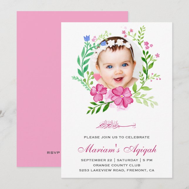 Invitation Chemise rose Floral Photo Bébé Fille Aqiqah (Devant / Derrière)