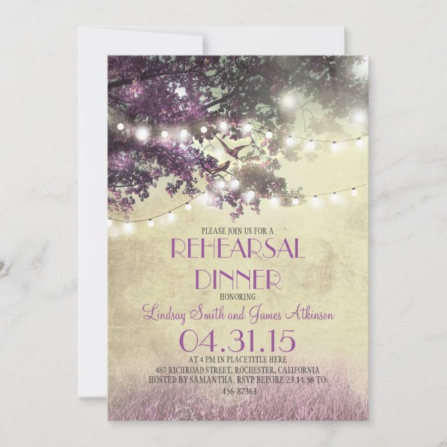 Invitation chêne mauve et oiseaux lumières de répétition dîne (Devant)
