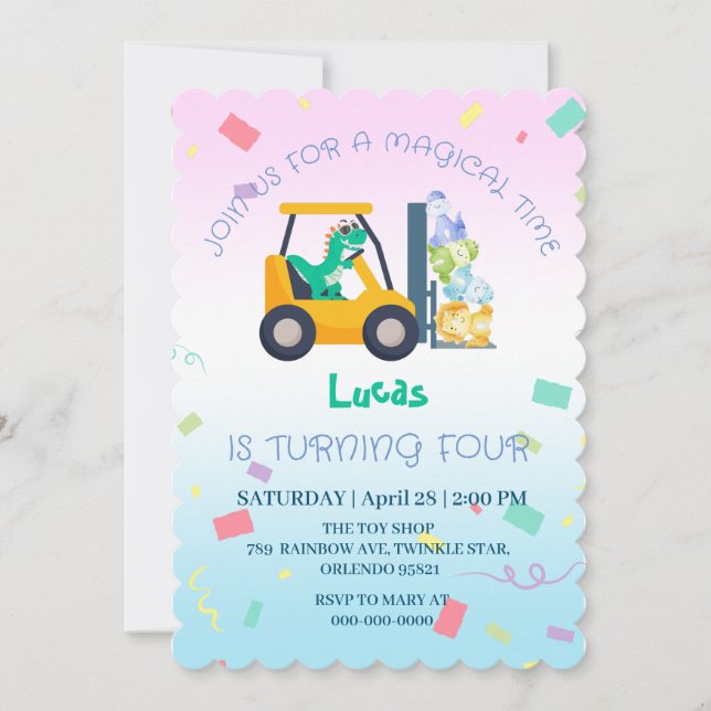 Invitation Cher bébé dinosaure tracteur Camion Anniversaire d (Devant)