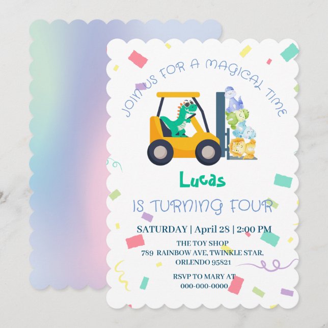 Invitation Cher bébé dinosaure tracteur Camion Anniversaire d (Devant / Derrière)