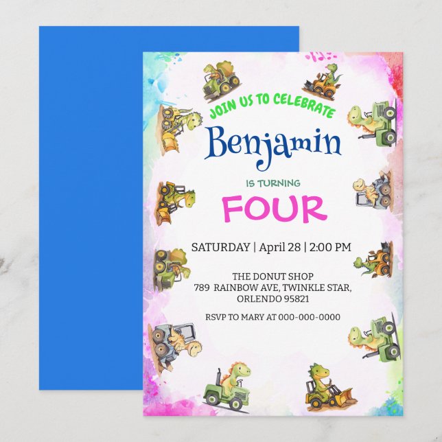 Invitation Cher Dinosaure tracteur Rainbow B2S School Anniver (Devant / Derrière)