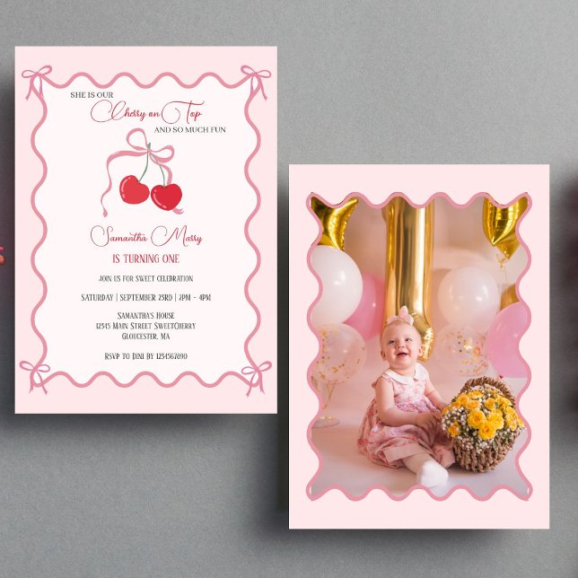 Invitation Chercher sur le dessus Pink Bow 1er Anniversaire P (Créateur téléchargé)