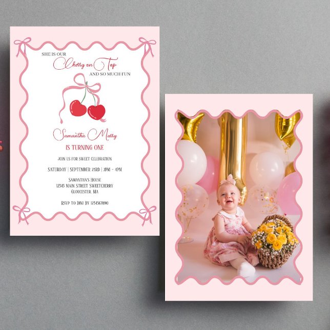 Invitation Chercher sur le dessus Pink Bow 1er Anniversaire P (Créateur téléchargé)