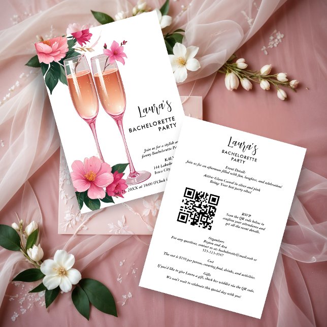 Invitation Cherish Cute Floral Champagne Flutes Bachelorette (Cherish Cute Floral Champagne Flutes Elegant Bachelorette Party Invitations )