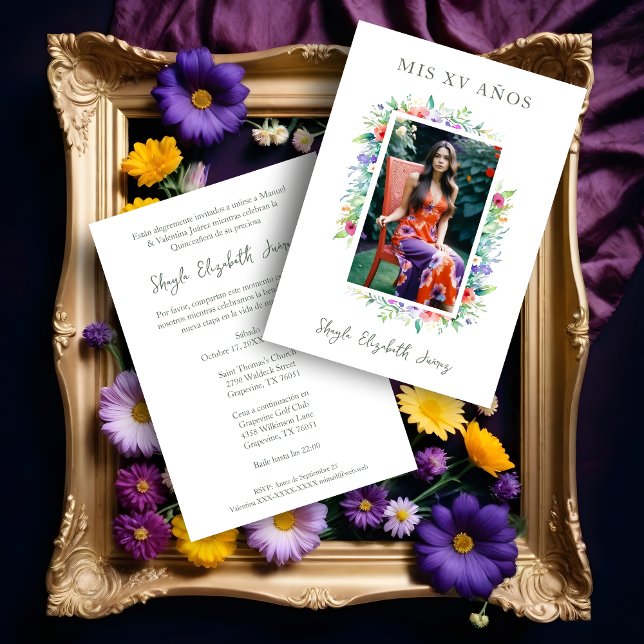 Invitation Cherish Cute Floral Frame Quinceañera Photo (Spanish Cherish Cute Floral Frame Quinceañera Photo Invitation Card. )