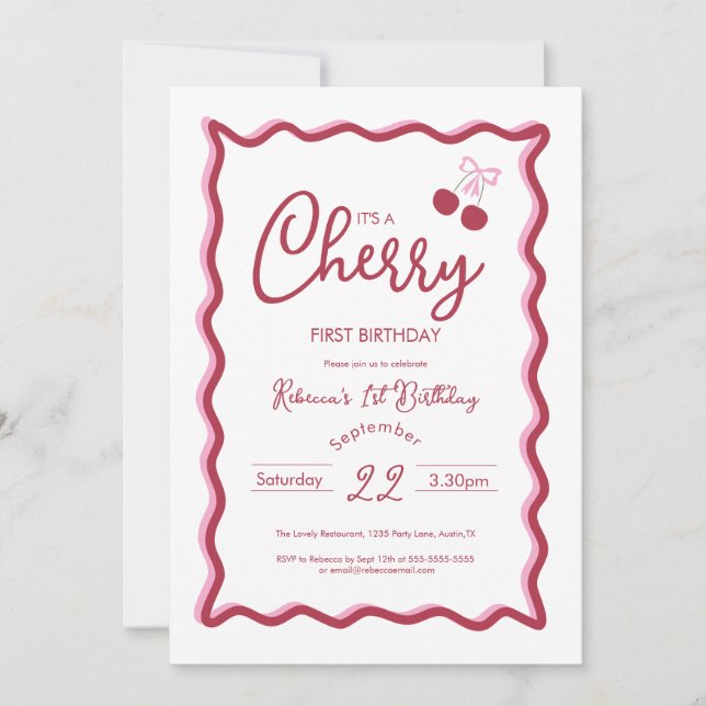 Invitation Cherry 1er anniversaire Pink Bow Coquette Invitati (Devant)
