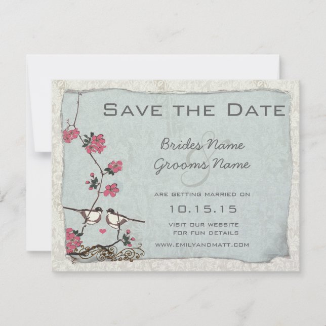 Invitation Cherry Blossom Chickadee Damask Enregistrer la dat (Devant)