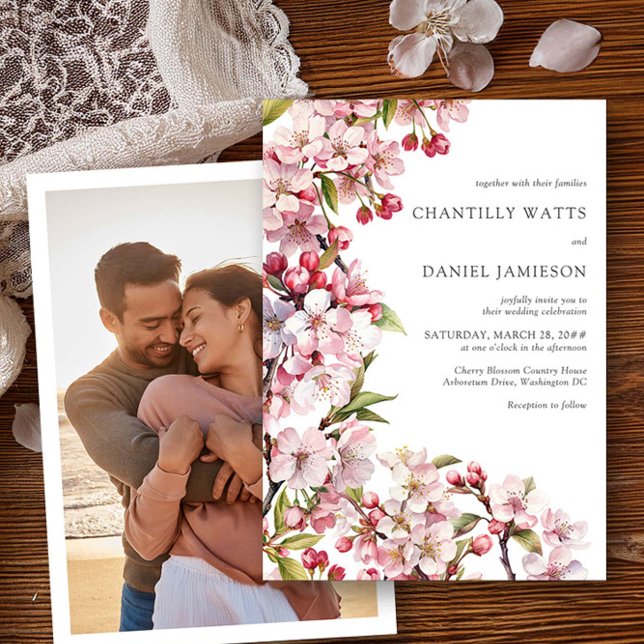 Invitation Cherry Blossom Mariage rose florale photo (Photo wedding invitation from the Cherry Blossom Wedding Collection by Darling & May)