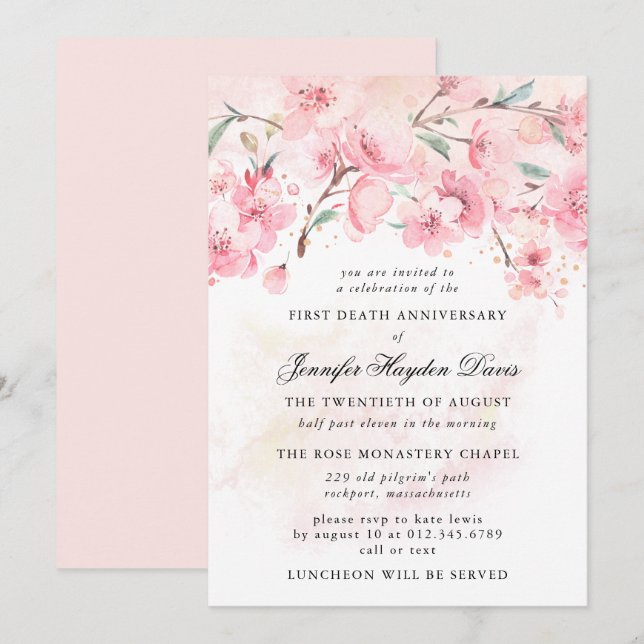 Invitation Cherry Blossom Premier anniversaire de la mort Inv (Devant / Derrière)