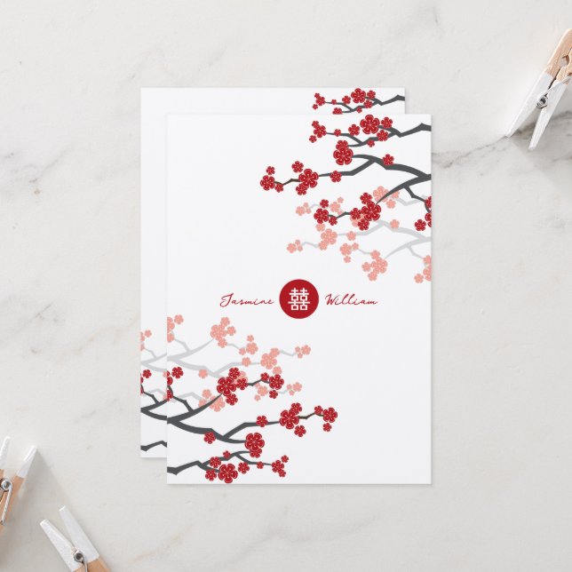 Invitation Cherry Blossoms & Double Bonheur Mariage chinois (Devant/Arrière en situation)