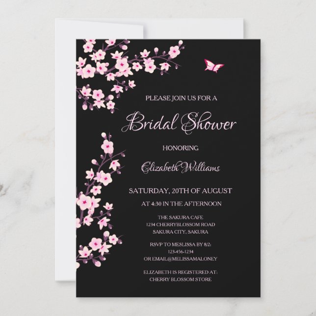Invitation Cherry Blossoms Pink Black Bridal Shower (Devant)
