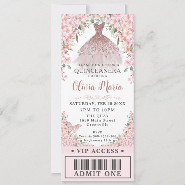 Invitation Cherry Blossoms Robe Blush Quinceañera VIP Ticket (Devant)