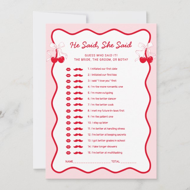Invitation Cherry Bridal Shower He Said She Said Game Card (Devant)
