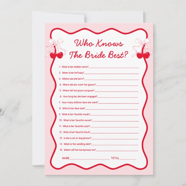 Invitation Cherry Bridal Shower Who Knows the Bride Best (Devant)
