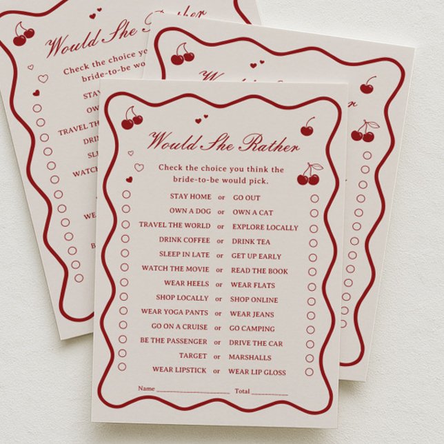 Invitation Cherry Bridal Shower Would She Rather Game Card (Créateur téléchargé)