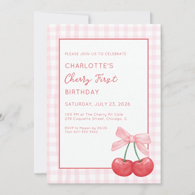 Invitation Cherry First Birthday Pink Gingham Girls One Year  (Devant)