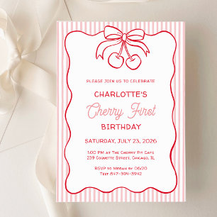 Invitation "Cherry First" Birthday Pink Stripe Bow Girl