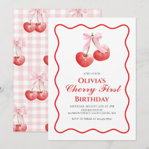 Invitation Cherry First Pink Bow preppy 1er anniversaire