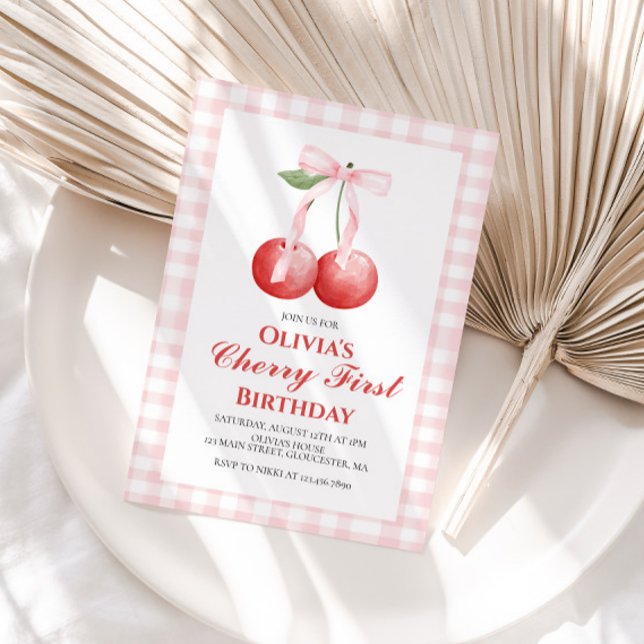 Invitation Cherry First Pink Bow preppy 1er anniversaire (Créateur téléchargé)