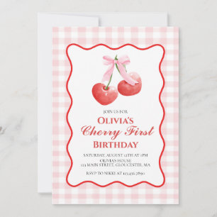 Invitation Cherry First Pink Bow preppy 1er anniversaire