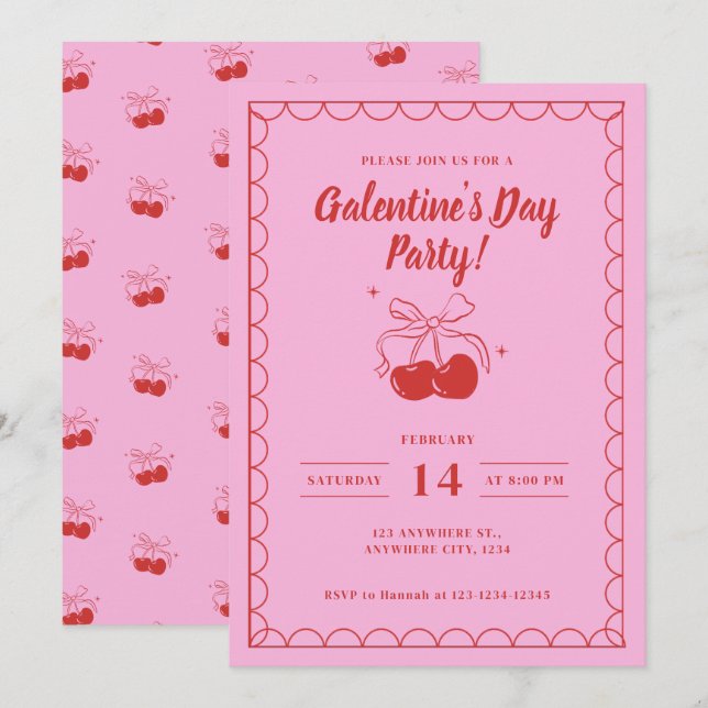 Invitation Cherry On Top Pink Galentine's Day (Devant / Derrière)