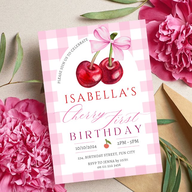 Invitation Cherry premier anniversaire fille 1er bow de fruit (Cherry First Birthday Girl 1st Fruit Bow Birthday Invitation)
