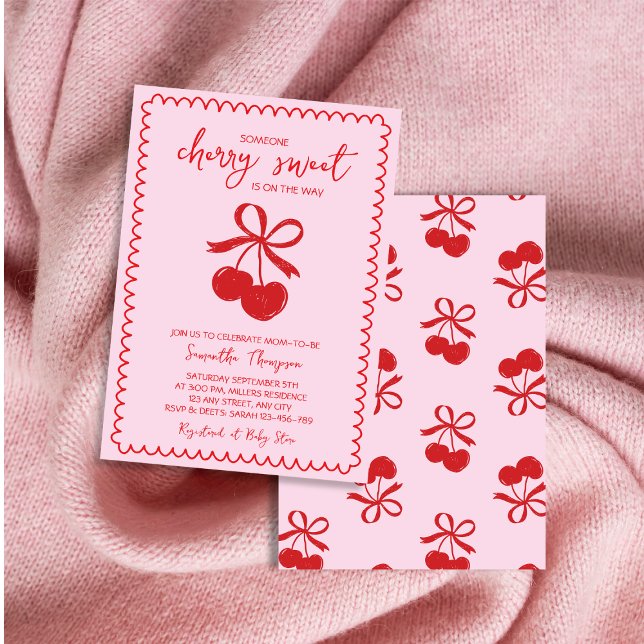 Invitation Cherry Sweet Elegant Main Drawn Baby Girl Douche (Cherry Sweet Elegant Hand Drawn Baby Girl Shower Invitation)