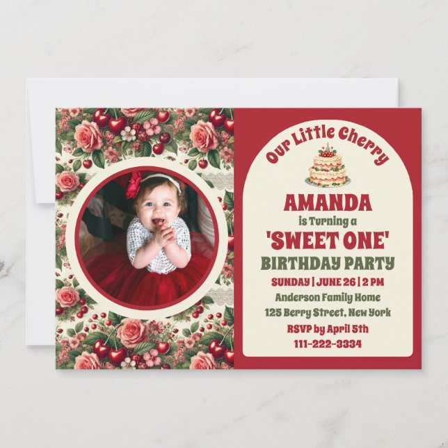 Invitation Cherry vintage 'Sweet One' 1er Anniversaire Photo (Devant)