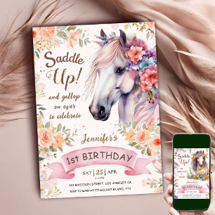 Invitation Cheval 1er Anniversaire Fille Fleurs Roses Saddup!