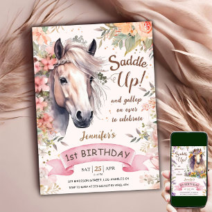 Invitation Cheval 1er Anniversaire Fille Floral Selle Up!