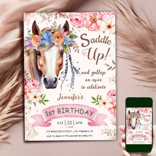 Invitation Cheval 1er Anniversaire Fille Rose Floral Cowgirl