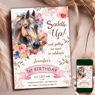 Invitation Cheval 1er Anniversaire VacheFille Rose Selle Up!
