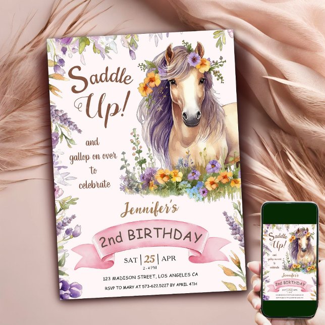 Invitation Cheval 2e Anniversaire Fille Violet Floral Saddup  (Créateur téléchargé)