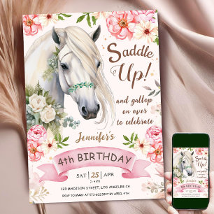 Invitation Cheval 4e anniversaire fille Fleurs roses selle ve
