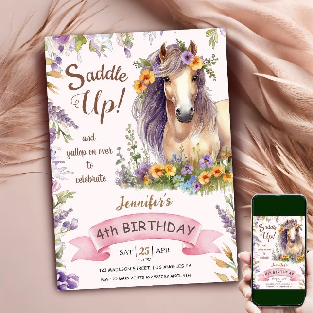 Invitation Cheval 4e anniversaire fille violet Floral Saddup  (Créateur téléchargé)