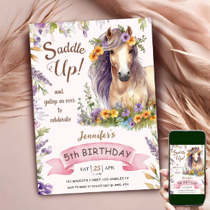 Invitation Cheval 5e Anniversaire Fille Violet Floral Saddup