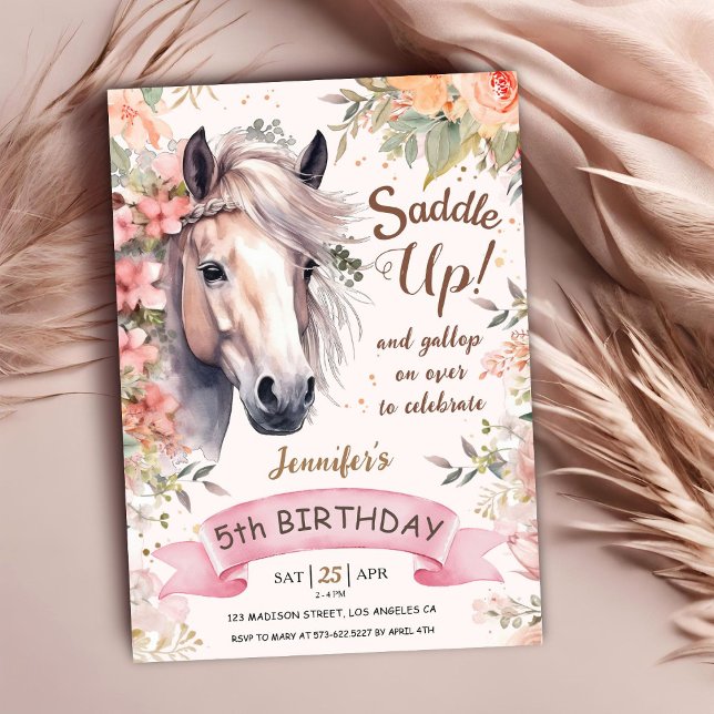 Invitation Cheval 5e anniversaire fille Wild Floral Saddup (Créateur téléchargé)