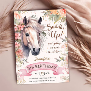 Invitation Cheval 5ème Anniversaire Fille Sauvage Floral Saut