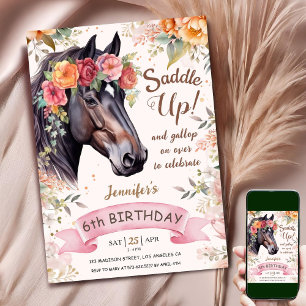 Invitation Cheval 6 Anniversaire Cowgirl rose Floral Saddup