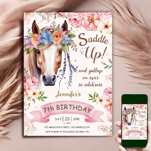 Invitation Cheval 7e anniversaire fille Fleurs Boho Saddle Up