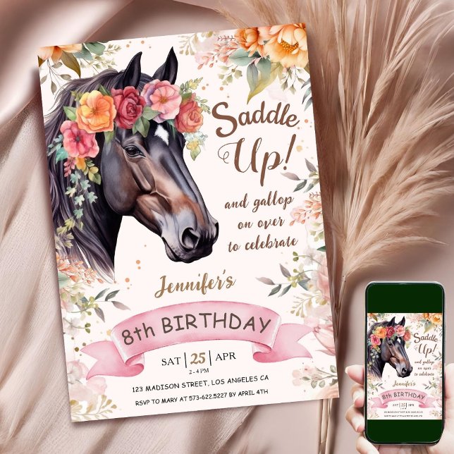 Invitation Cheval 8e anniversaire Cowgirl rose Floral Saddup (Créateur téléchargé)