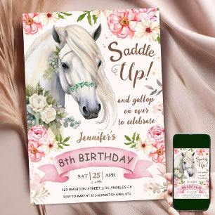 Invitation Cheval 8e Anniversaire Fille Fleurs Roses Enfourch