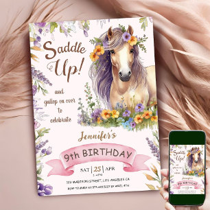 Invitation Cheval 9e Anniversaire Fille Floral Purple Saddup