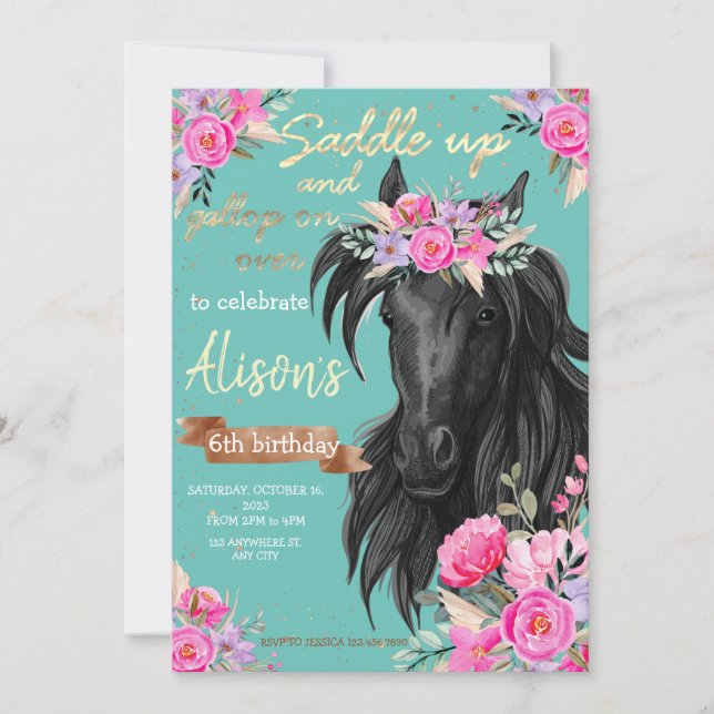Invitation Cheval à l'aquarelle anniversaire cowgirl (Devant)