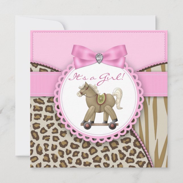 Invitation Cheval à roche Brown et rose Baby Girl Douche (Devant)