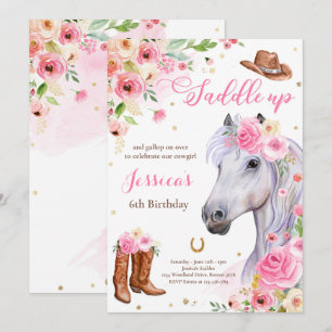 Invitation Cheval Anniversaire Fête Cowgirl rose Floral Anniv