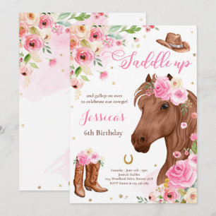 Invitation Cheval Anniversaire Fête Cowgirl rose Floral Anniv
