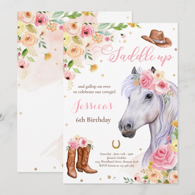 Invitation Cheval Anniversaire Fête Cowgirl rose Floral Anniv (Devant / Derrière)
